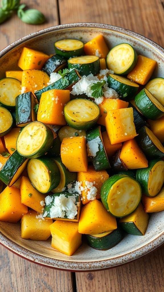 Sautéed zucchini and yellow squash garnished with herbs and Parmesan cheese on a wooden table.